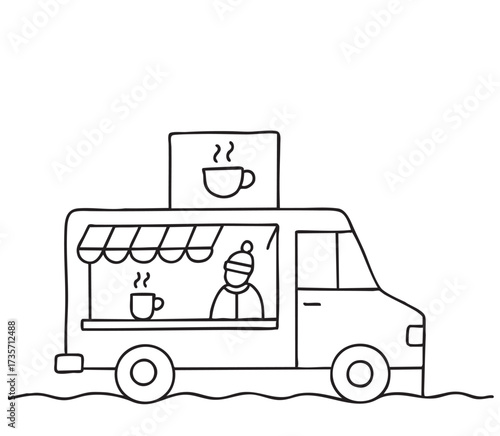 Mobile Kitchen Food truck with hot drink and food. Winter, autumn