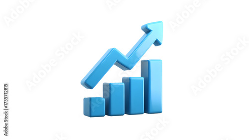 Blue 3D bar chart icon with upward arrow symbolizing business growth and success 3d icon in cartoon plastic style  isolated on a transparent  background
