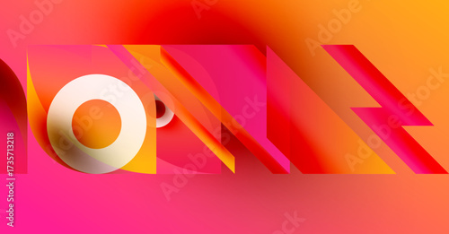 Abstract design features vibrant colors, overlapping shapes, dynamic composition. Text partially visible, modern aesthetic.