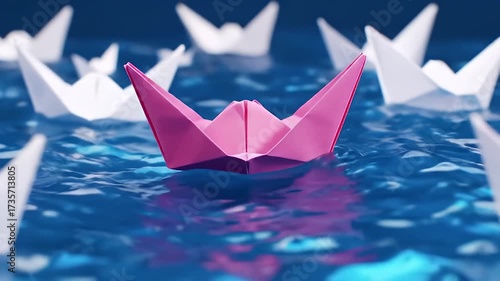 Pink Paper Boat Sailing Ahead Surrounded by White Boats on Blue Water