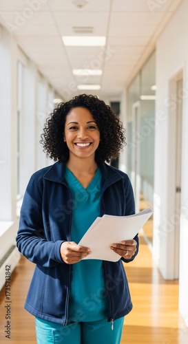 A smiling female healthcare professional in scrubs and a jacket walks down a hospital hallway holding a document