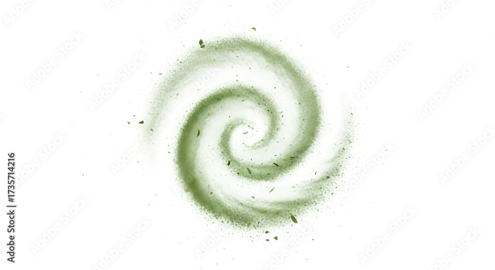 Green powder swirling isolated on white background in a spiral motion effect
