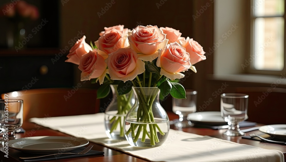 Obraz premium Fresh roses in crystal vases on dining table. 