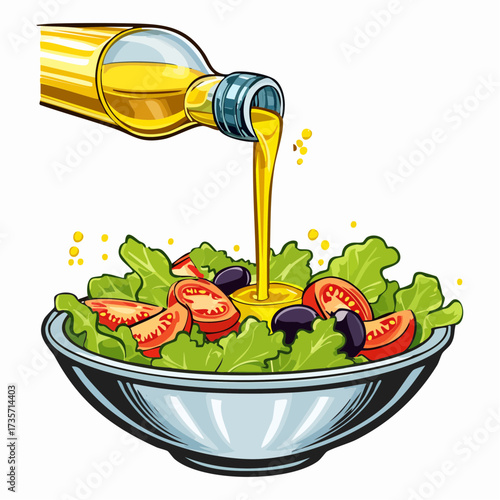 Olive oil poured on fresh salad, kitchen setting