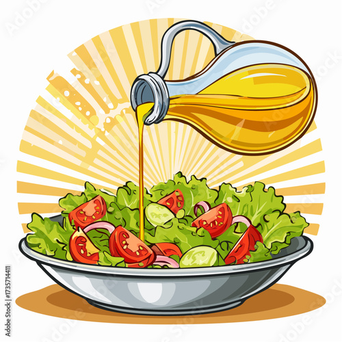 Olive oil poured on fresh salad, kitchen setting