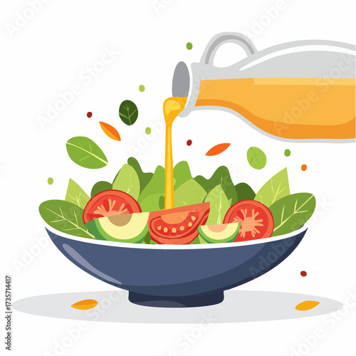 Olive oil poured on fresh salad, kitchen setting