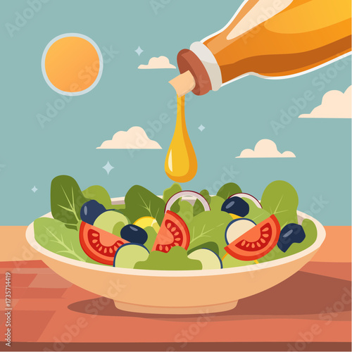 Olive oil poured on fresh salad, kitchen setting