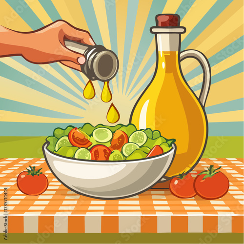 Olive oil poured on fresh salad, kitchen setting
