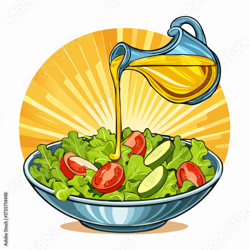 Olive oil poured on fresh salad, kitchen setting