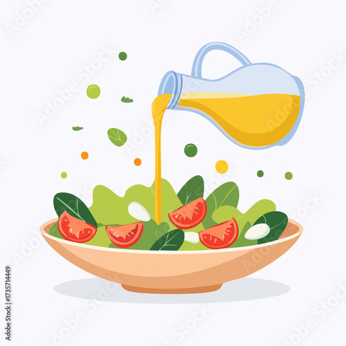 Olive oil poured on fresh salad, kitchen setting
