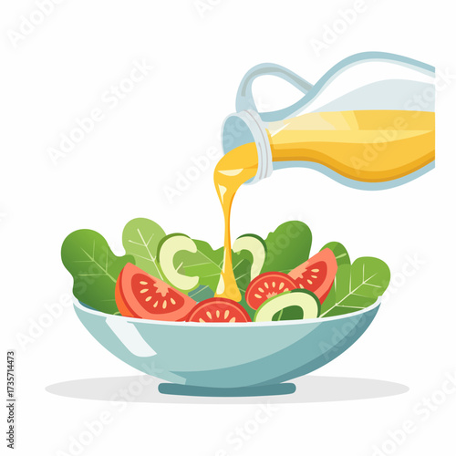 Olive oil poured on fresh salad, kitchen setting