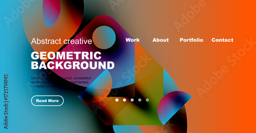 Bright website mockup. Colorful abstract shapes, text elements, navigation menu present. Modern design, vibrant hues dominate composition.