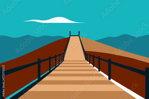 Wooden boardwalk leading to a distant horizon under a clear blue sky