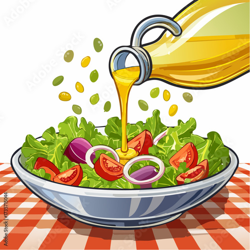 Olive oil poured on fresh salad, kitchen setting