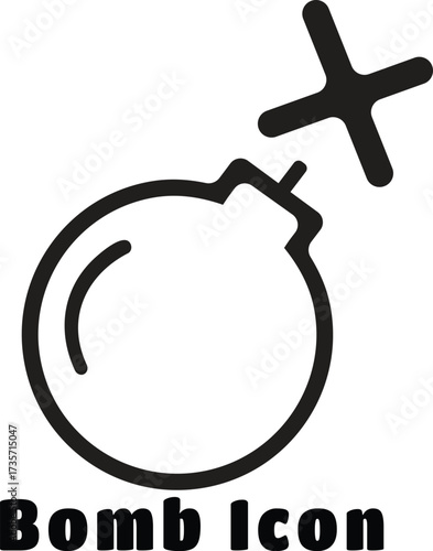 Black Line Art Bomb Icon with Fuse on White Background symbol explosion