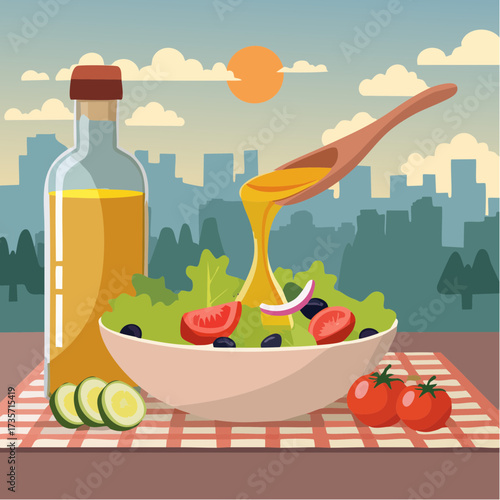 Olive oil poured on fresh salad, kitchen setting