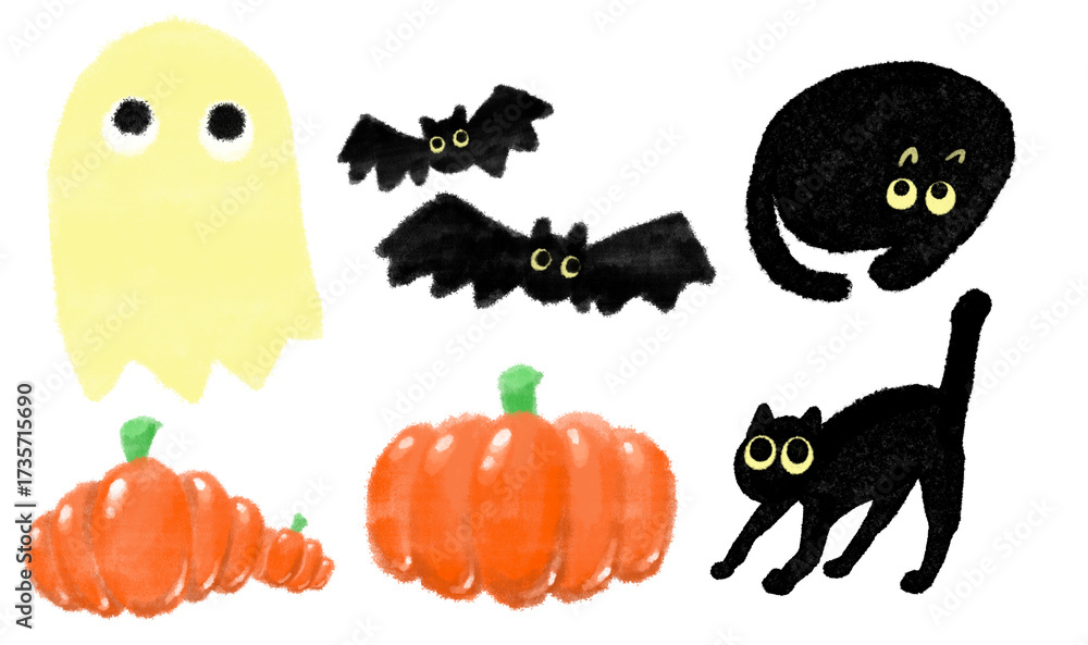 Obraz premium Halloween ghost, bat, pumpkin and black cat illustration set