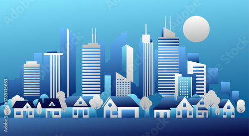 A tranquil suburban neighborhood stands in stark contrast to a towering city skyline, all brought together under a cool, monochromatic blue palette. Vector Illustration.