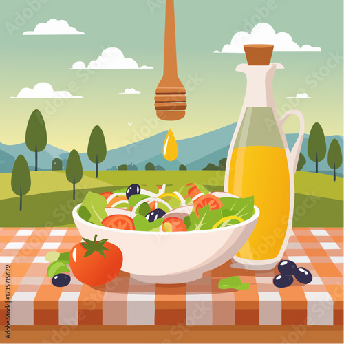 Olive oil poured on fresh salad, kitchen setting