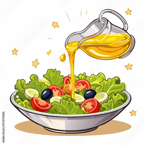 Olive oil poured on fresh salad, kitchen setting