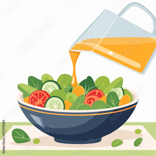 Olive oil poured on fresh salad, kitchen setting