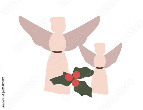 Christmas angels with wings, holly berries, traditional holy figures and plant. Festive decoration, Xmas religious winter holiday decor. Flat vector illustration isolated on white background