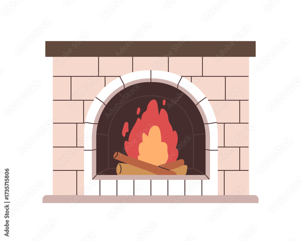 Fototapeta premium Fireplace with burning flame and wood logs. Fire side, place with blaze. Interior hearth, warm furnace, indoor fireside with brick mantelpiece. Flat vector illustration isolated on white background