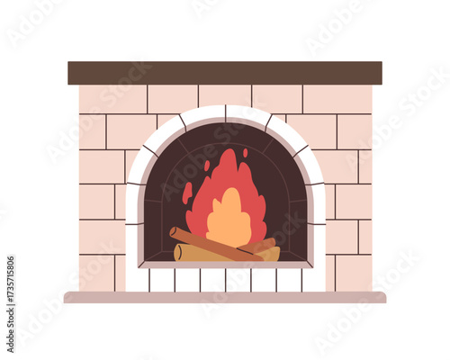 Fireplace with burning flame and wood logs. Fire side, place with blaze. Interior hearth, warm furnace, indoor fireside with brick mantelpiece. Flat vector illustration isolated on white background