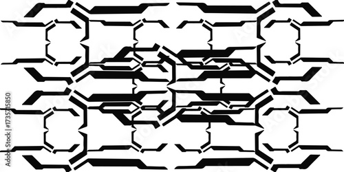 Abstract black and white pattern resembling intricate electronic circuitry or a futuristic digital network, featuring interconnected lines and geometric shapes.