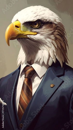 A whimsical anthropomorphic eagle in a suit exudes confidence and authority