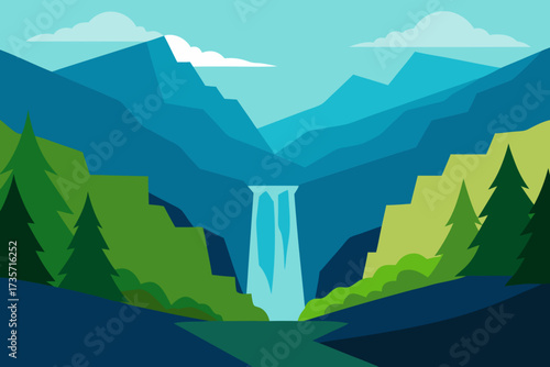 Vibrant flat design waterfall scene with mountains and pine trees
