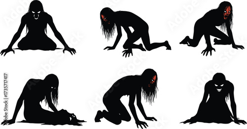 Creepy horror demon woman crawling vector illustration with scary face, long hair, dark silhouette, possessed creature, and spooky Halloween design.