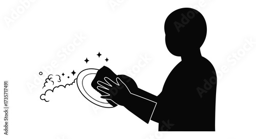 A silhouette of a person washing a dish with soap and bubbles