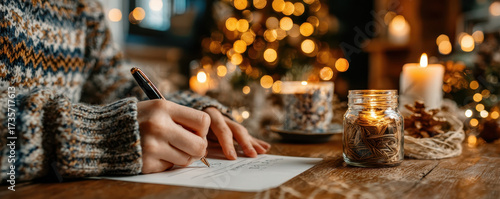 Person in cozy sweater writes heartfelt letter at wooden table, surrounded by warm candlelight and festive Christmas decorations, creating serene holiday atmosphere