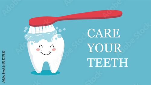 Poster with a cute smiling cartoon tooth with soft foam bubbles. Stomatology, dental concept. Flat style cartoon character illustration. Dental kids care banner. Care for your teeth.