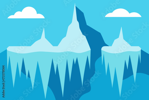 Stylized flat illustration of icy mountain peaks and icicles against a blue sky