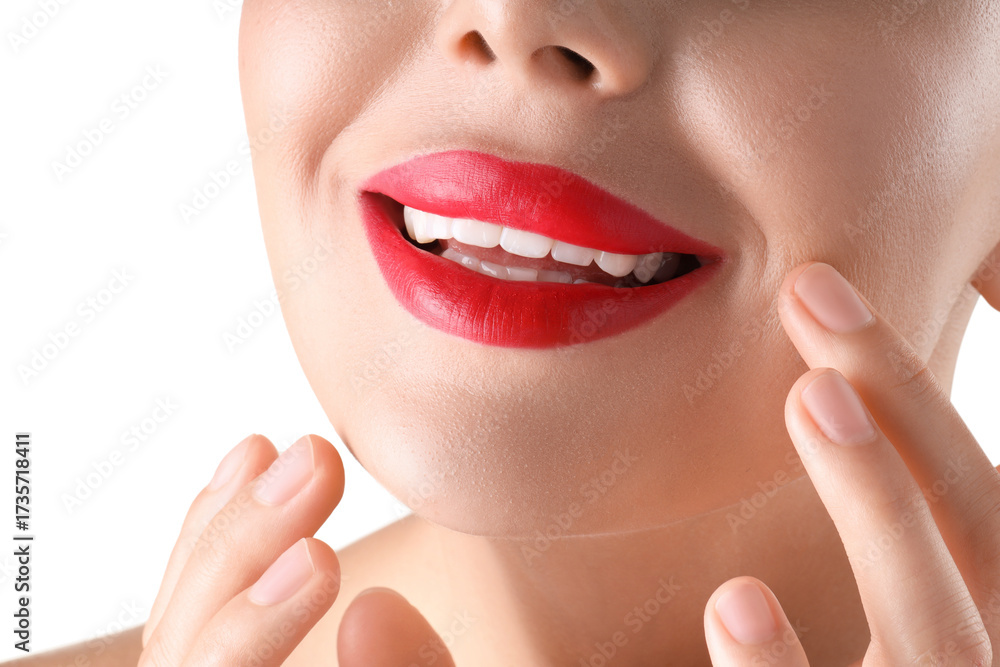 Obraz premium Woman with beautiful red lipstick on her lips against white background, closeup