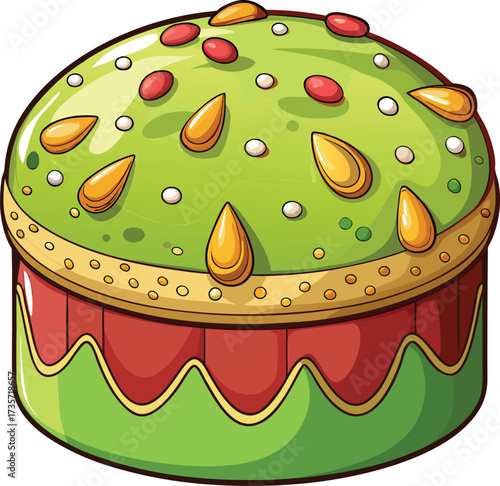 Christmas Panettone Celebration golden panettone with green icing and candied fruits