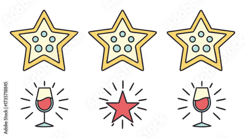 Doodle icon collection festive stars and sparkling wine glasses celebrating achievements