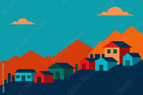 Colorful geometric houses nestled on a hillside with mountains and clouds