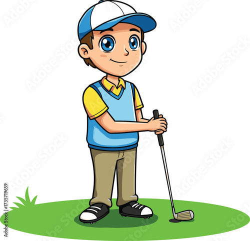 Cartoon boy golfer illustration, young child holding golf club on grass, cute sports character design, playful golf artwork, kids sports cartoon drawing, vector style