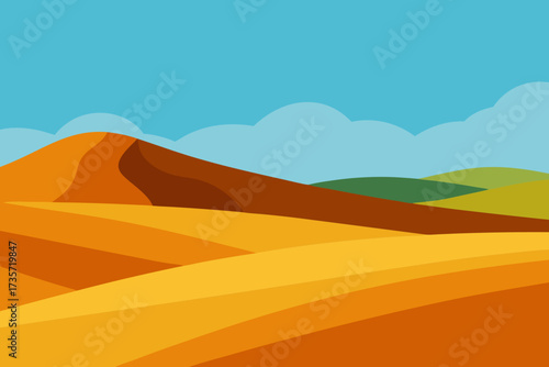 Vibrant desert landscape with rolling sand dunes under a clear blue sky