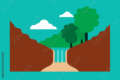 Flat design illustration of a waterfall cascading down a cliff into a pool surrounded by trees and clouds