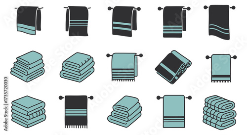 Collection of folded and hanging towels in various teal and black shades