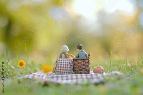 Two miniature figures enjoy a peaceful picnic on a checkered blanket in a sunny, green setting, featuring tiny food and an apple.