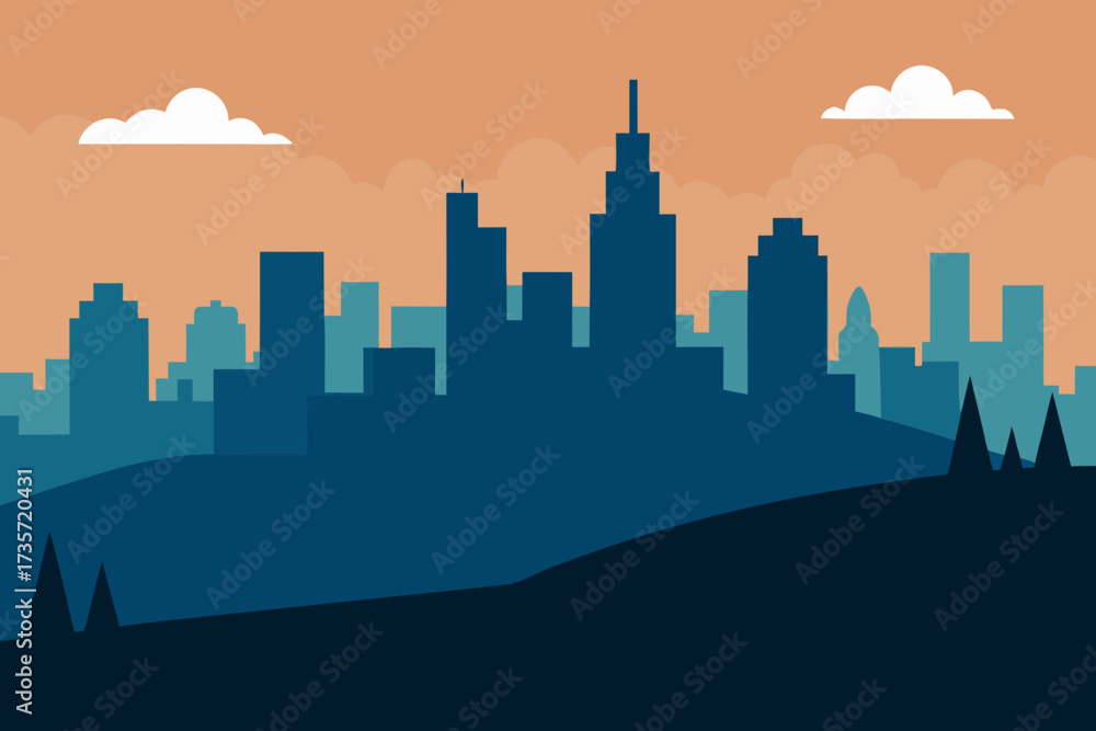 Fototapeta premium Stylized cityscape silhouette with hills and clouds against an orange sky