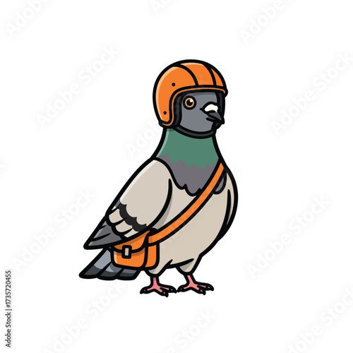 Pigeon wearing helmet and carrying mail bag isolated on white background