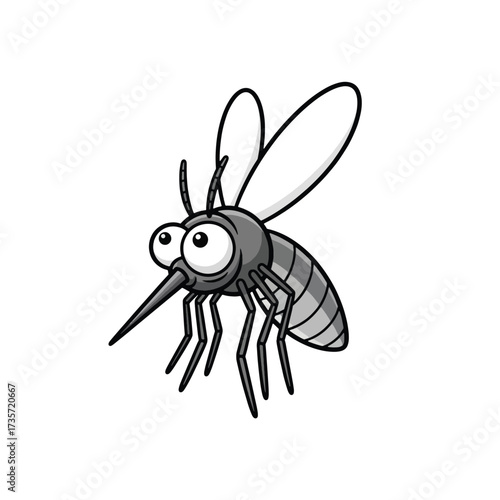 Cartoon mosquito with large eyes isolated on white background is flying