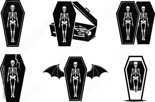 Creepy skeleton in coffin vector illustration with gothic horror design, spooky graveyard theme, haunted tomb, vampire bat wings, and Halloween concept.