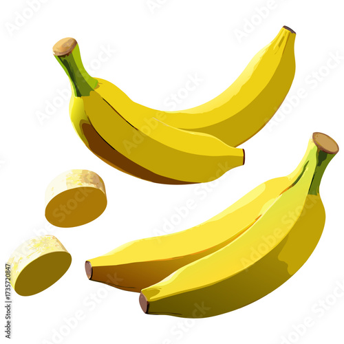 A vibrant, hyper-realistic composition of ripe yellow bananas with perfectly sliced banana pieces floating in mid-air, soft natural lighting, ultra-detailed textures, realistic shadows, crisp focus, t